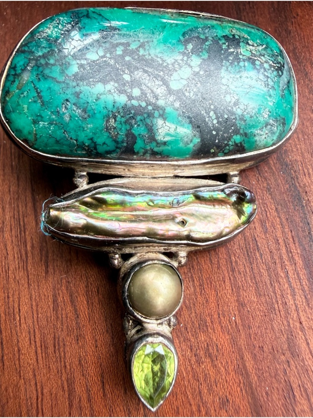 Artisan Sterling Silver 925 Multi Gemstone Pendant Turquoise Biwa Pearl Peridot